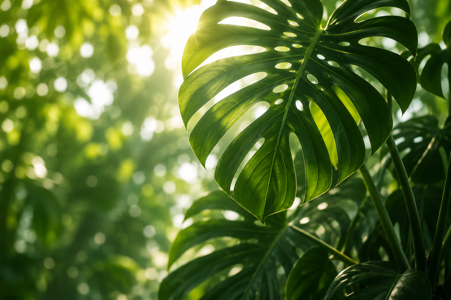 Sunlit monstera leaves representing complete plant health care