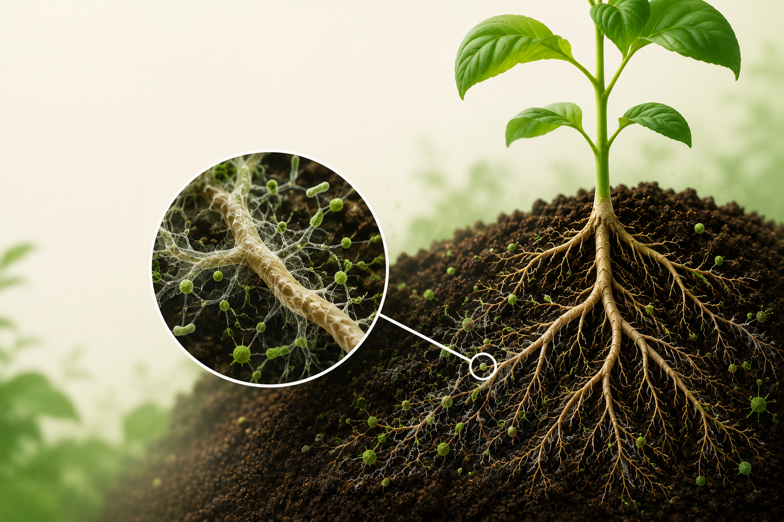 Young plant roots growing through soil with microbial activity highlighted